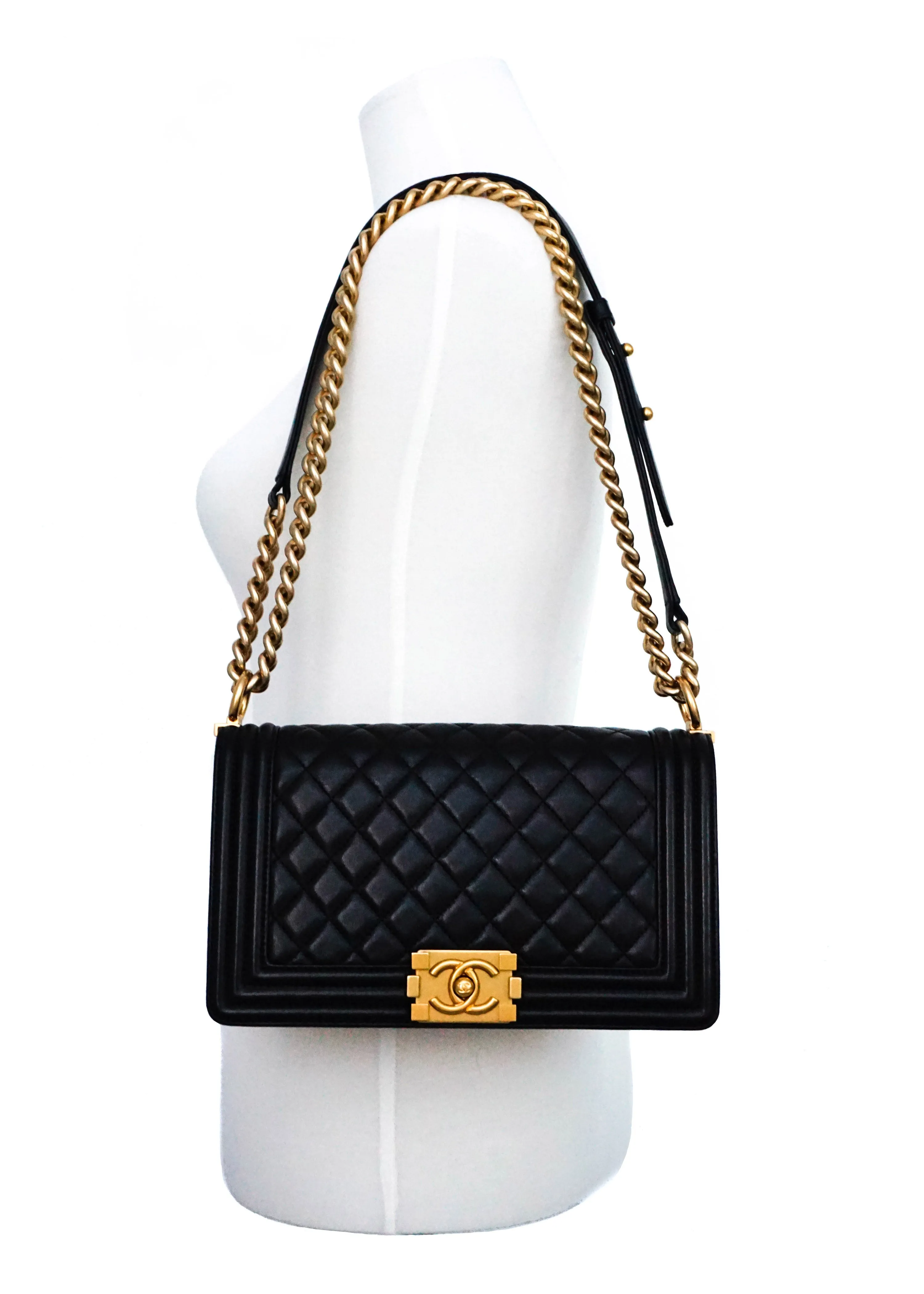 Chanel Black Lambskin Old Medium Boy Bag