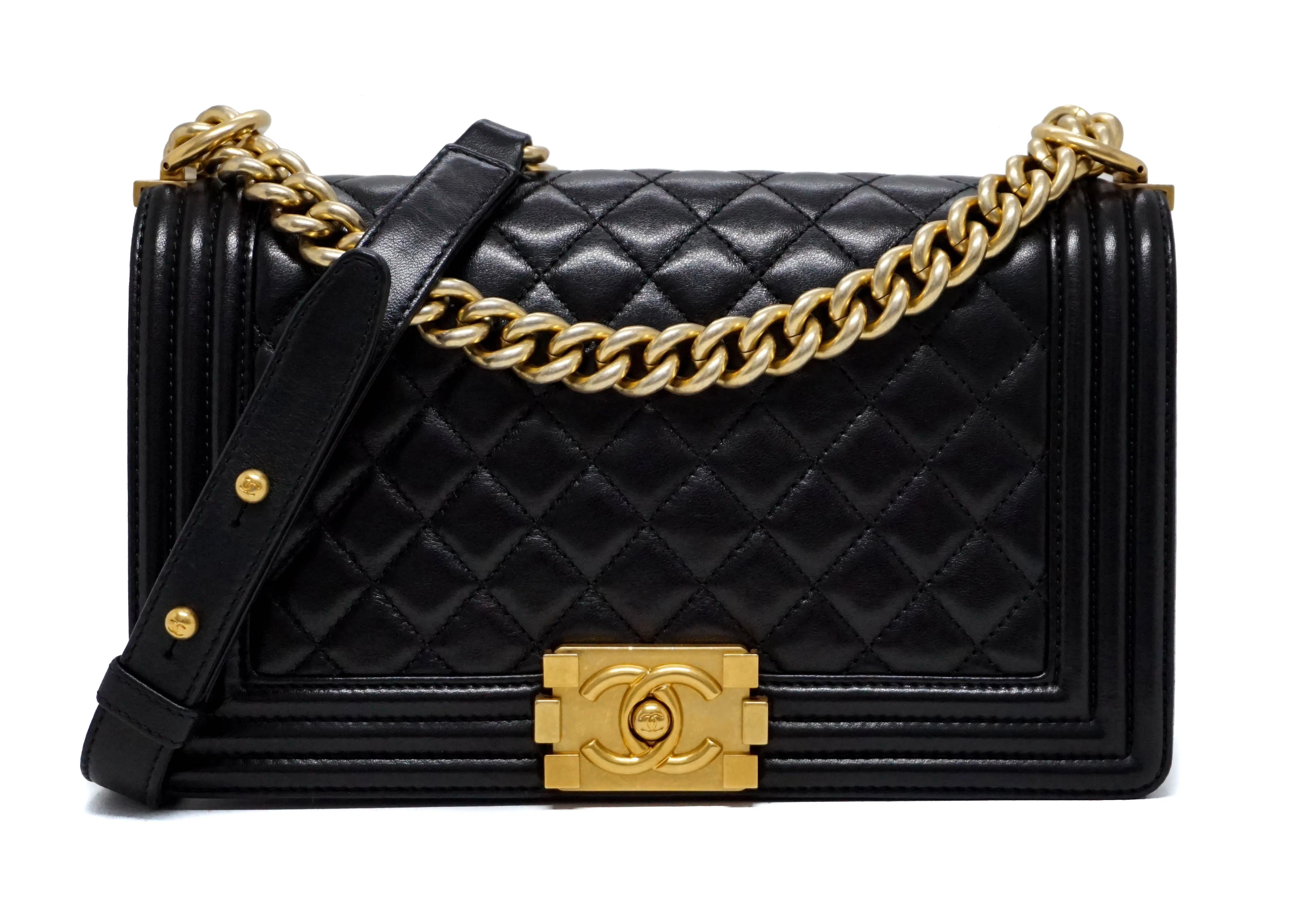 Chanel Black Lambskin Old Medium Boy Bag