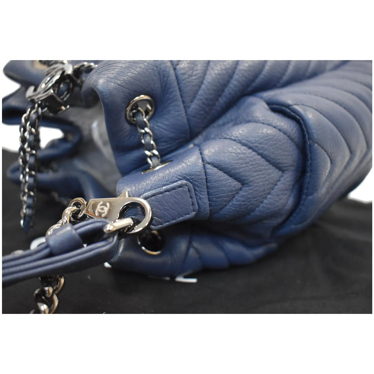 CHANEL Chevron Small CC Chain Bucket Deerskin Drawstring Shoulder Bag Blue