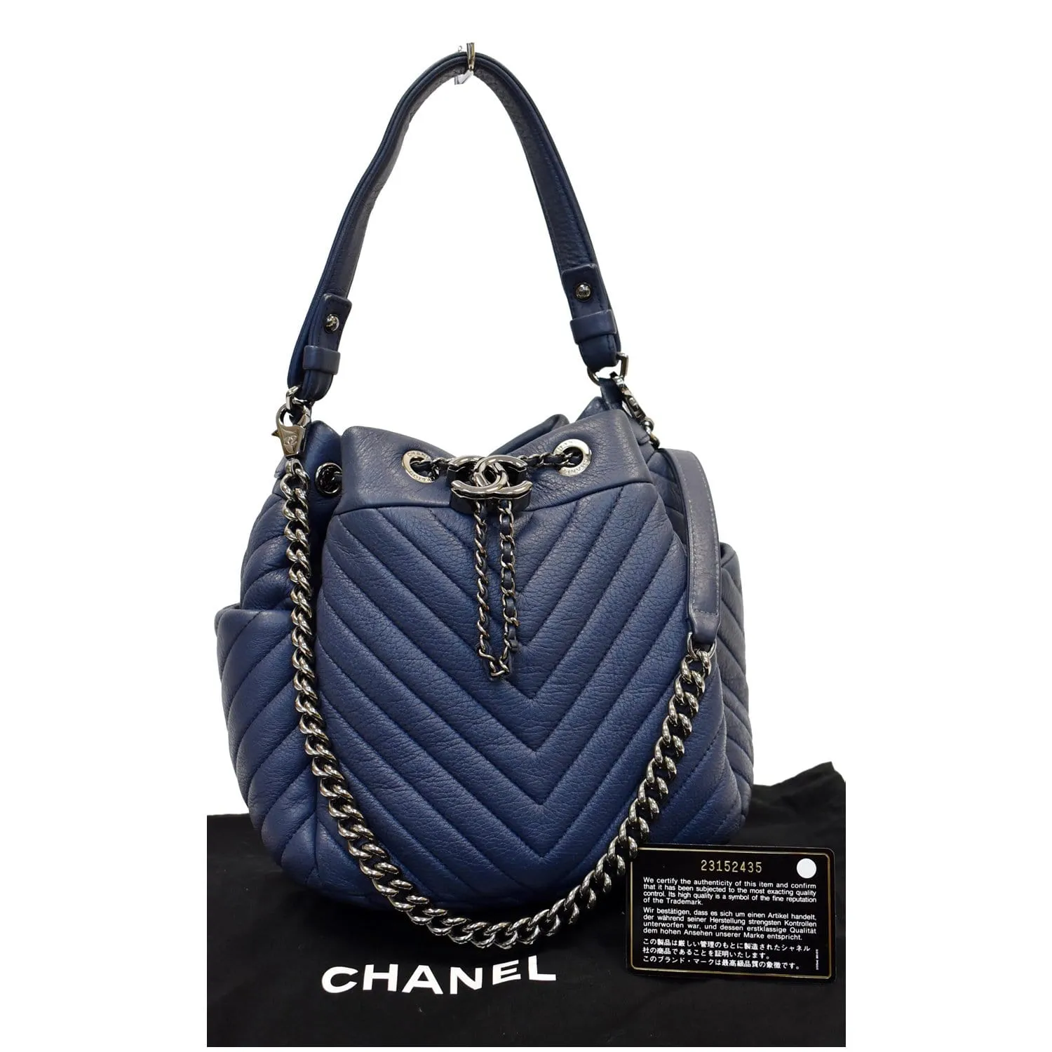 CHANEL Chevron Small CC Chain Bucket Deerskin Drawstring Shoulder Bag Blue