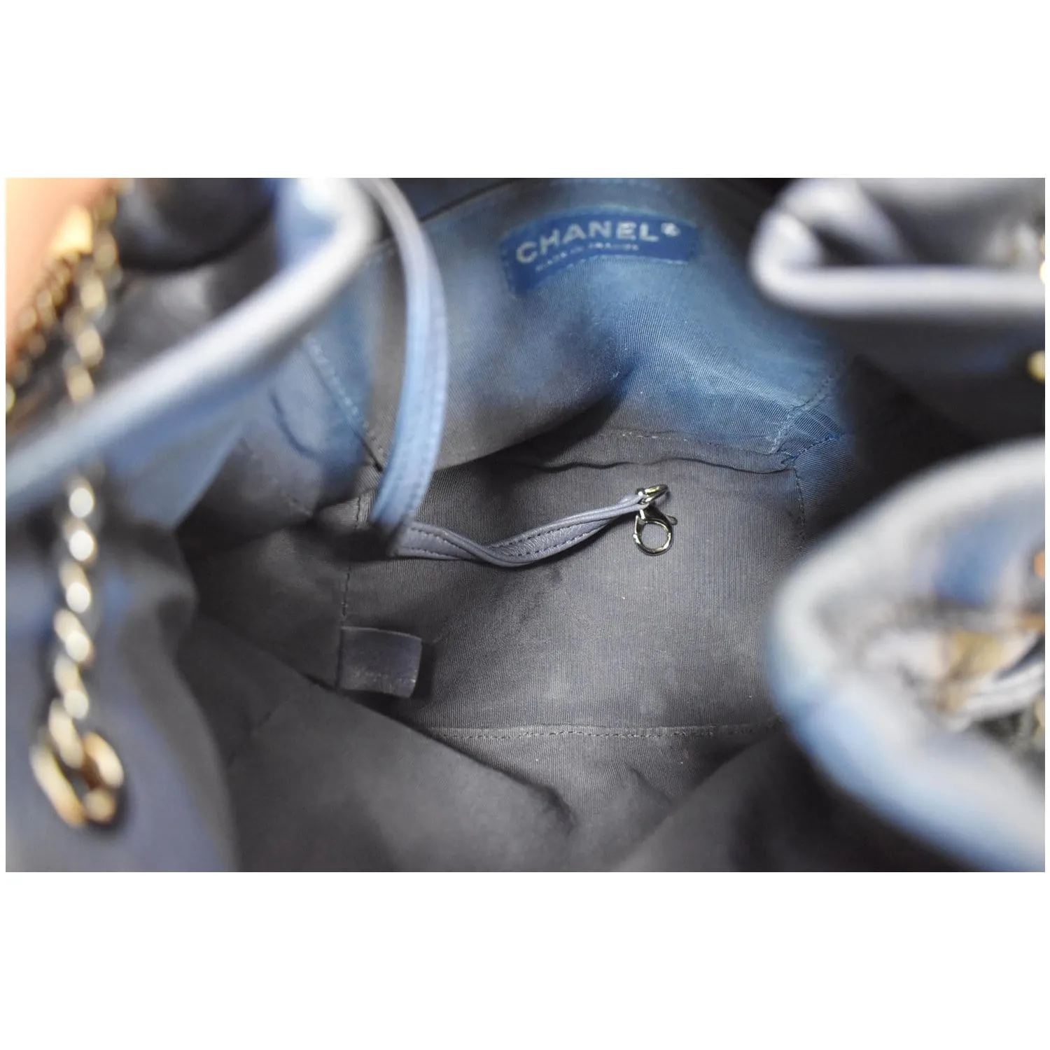 CHANEL Chevron Small CC Chain Bucket Deerskin Drawstring Shoulder Bag Blue