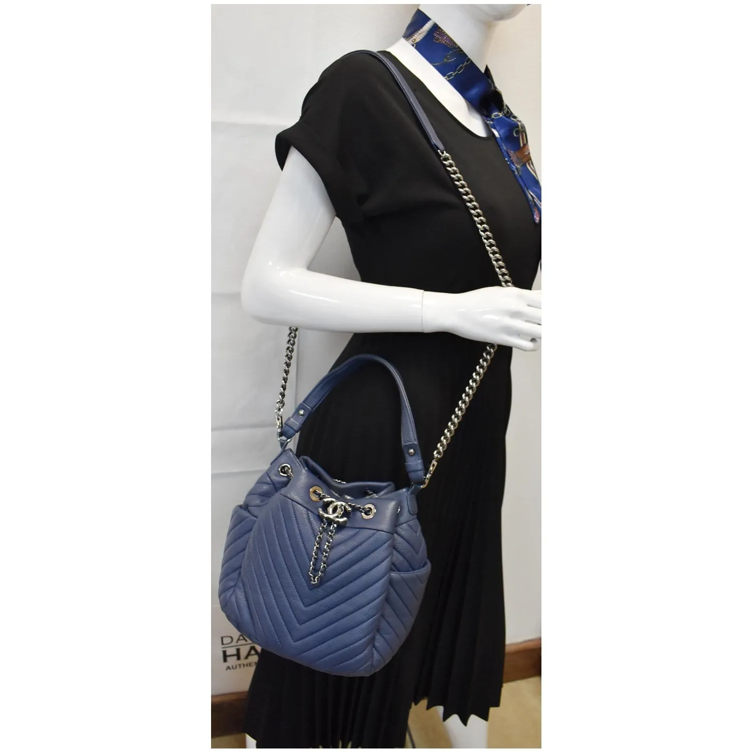 CHANEL Chevron Small CC Chain Bucket Deerskin Drawstring Shoulder Bag Blue