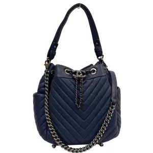 CHANEL Chevron Small CC Chain Bucket Deerskin Drawstring Shoulder Bag Blue