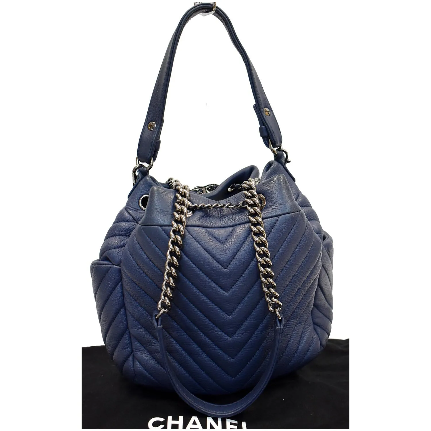 CHANEL Chevron Small CC Chain Bucket Deerskin Drawstring Shoulder Bag Blue