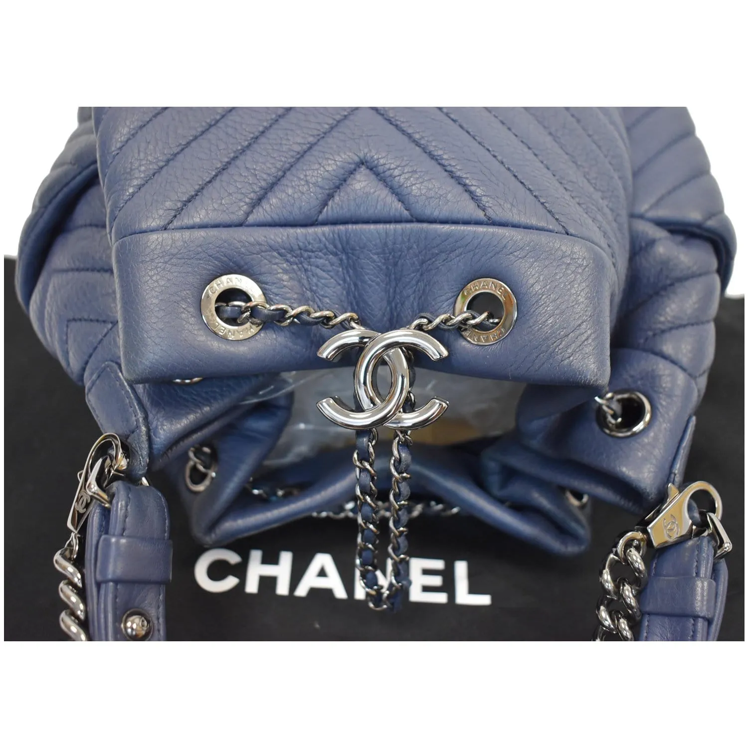 CHANEL Chevron Small CC Chain Bucket Deerskin Drawstring Shoulder Bag Blue