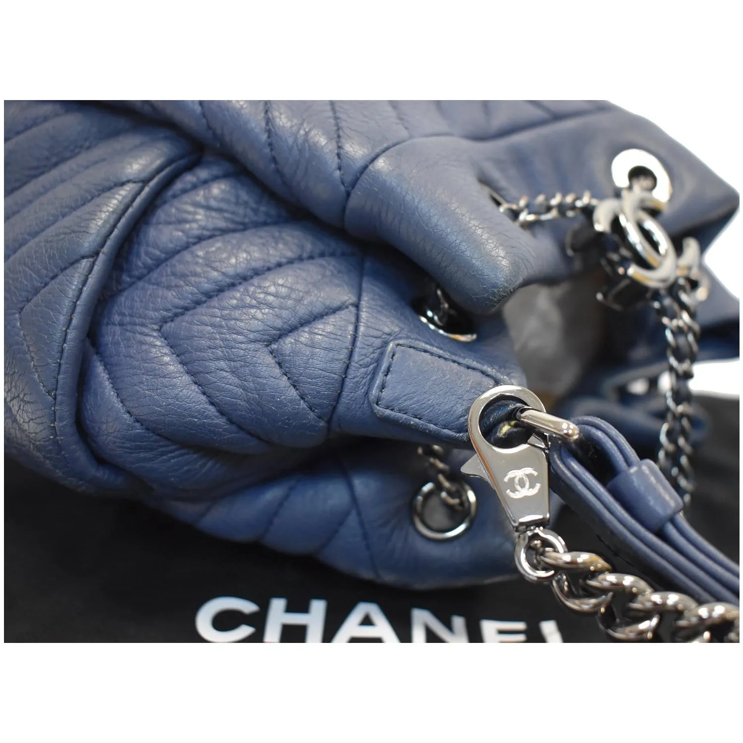 CHANEL Chevron Small CC Chain Bucket Deerskin Drawstring Shoulder Bag Blue