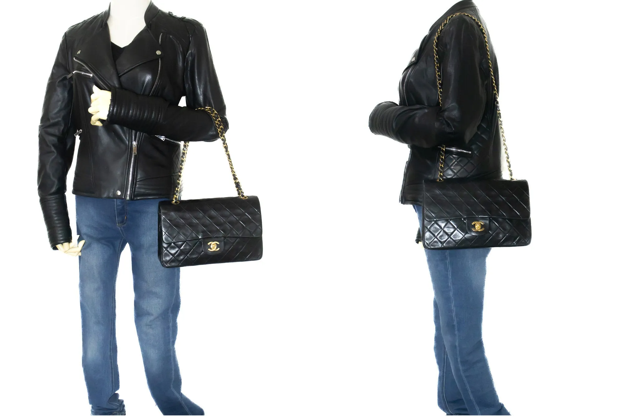 CHANEL Classic Double Flap 10" Chain Shoulder Bag Black Lambskin m29