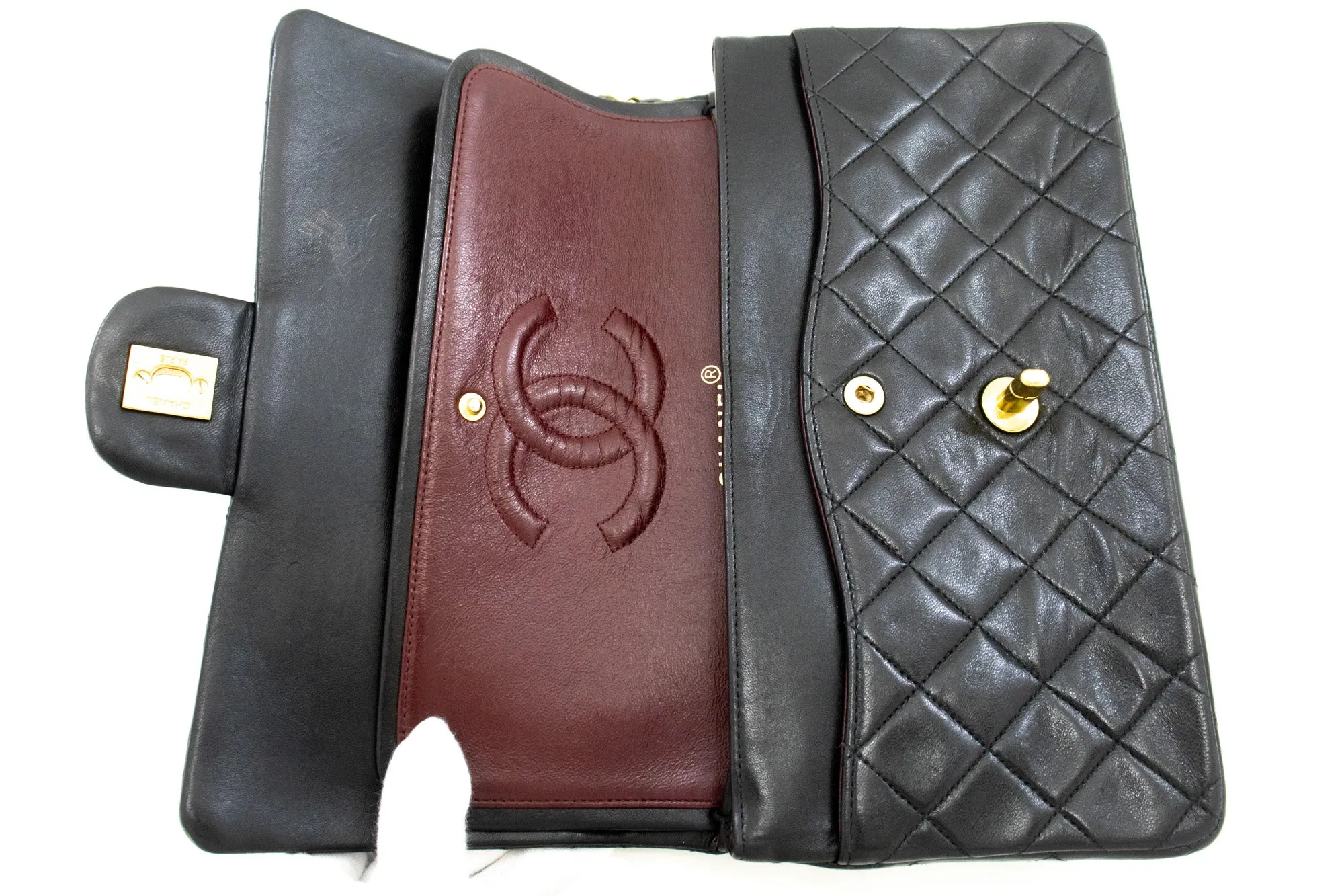 CHANEL Classic Double Flap 10" Chain Shoulder Bag Black Lambskin m29
