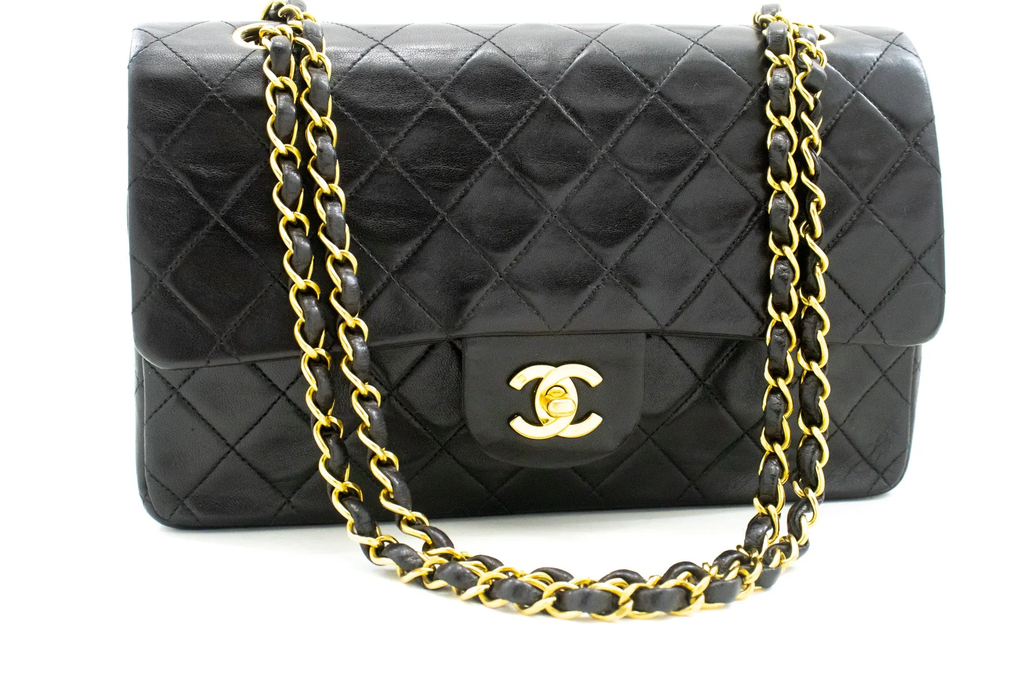 CHANEL Classic Double Flap 10" Chain Shoulder Bag Black Lambskin m29