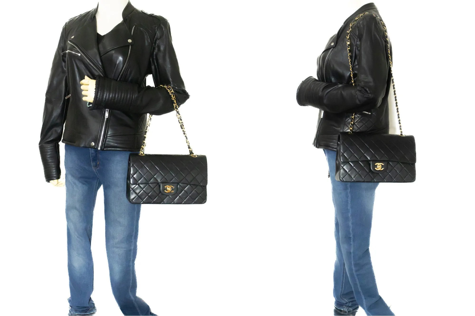 CHANEL Classic Double Flap 10" Chain Shoulder Bag Black Lambskin n72