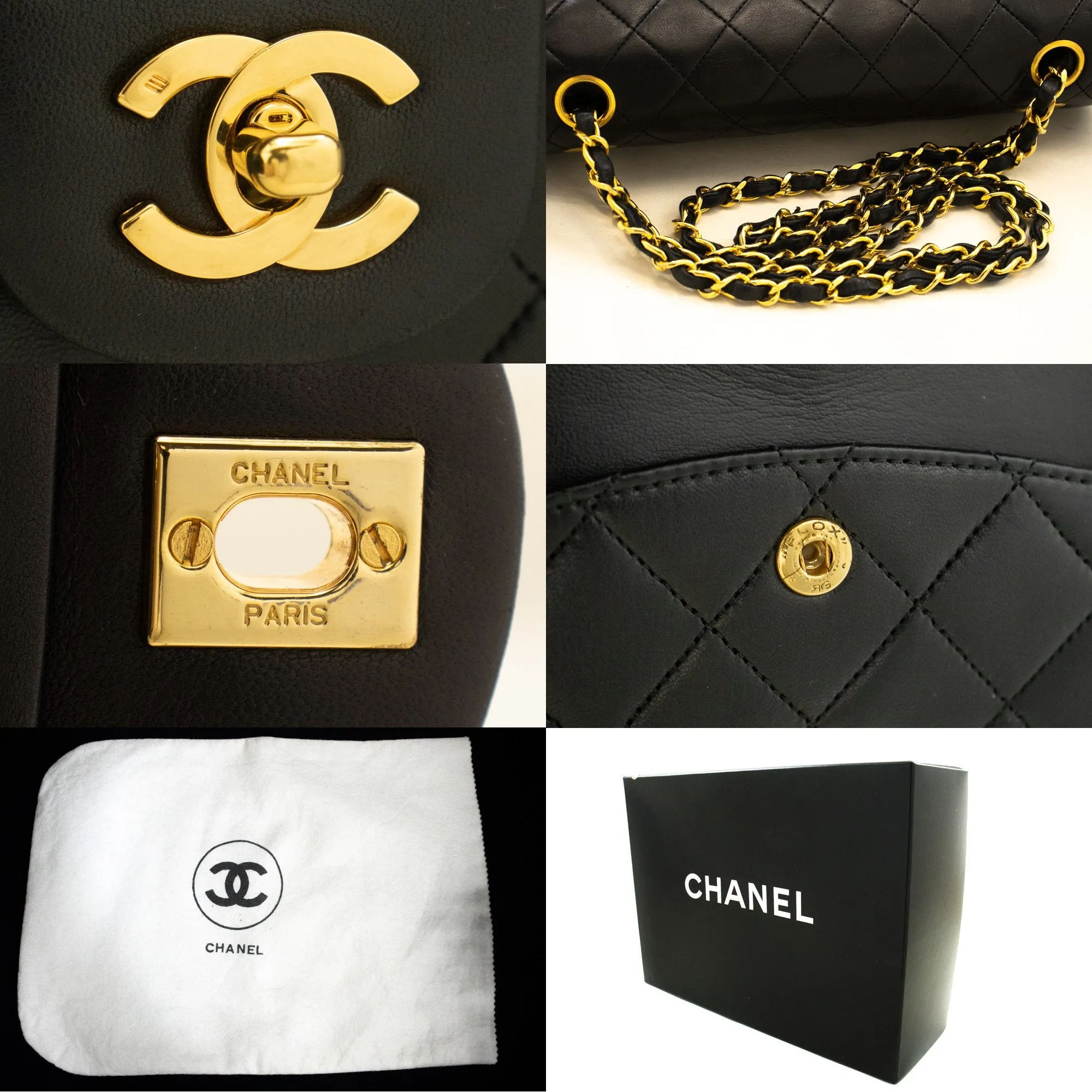 CHANEL Classic Double Flap 10" Chain Shoulder Bag Black Lambskin n72