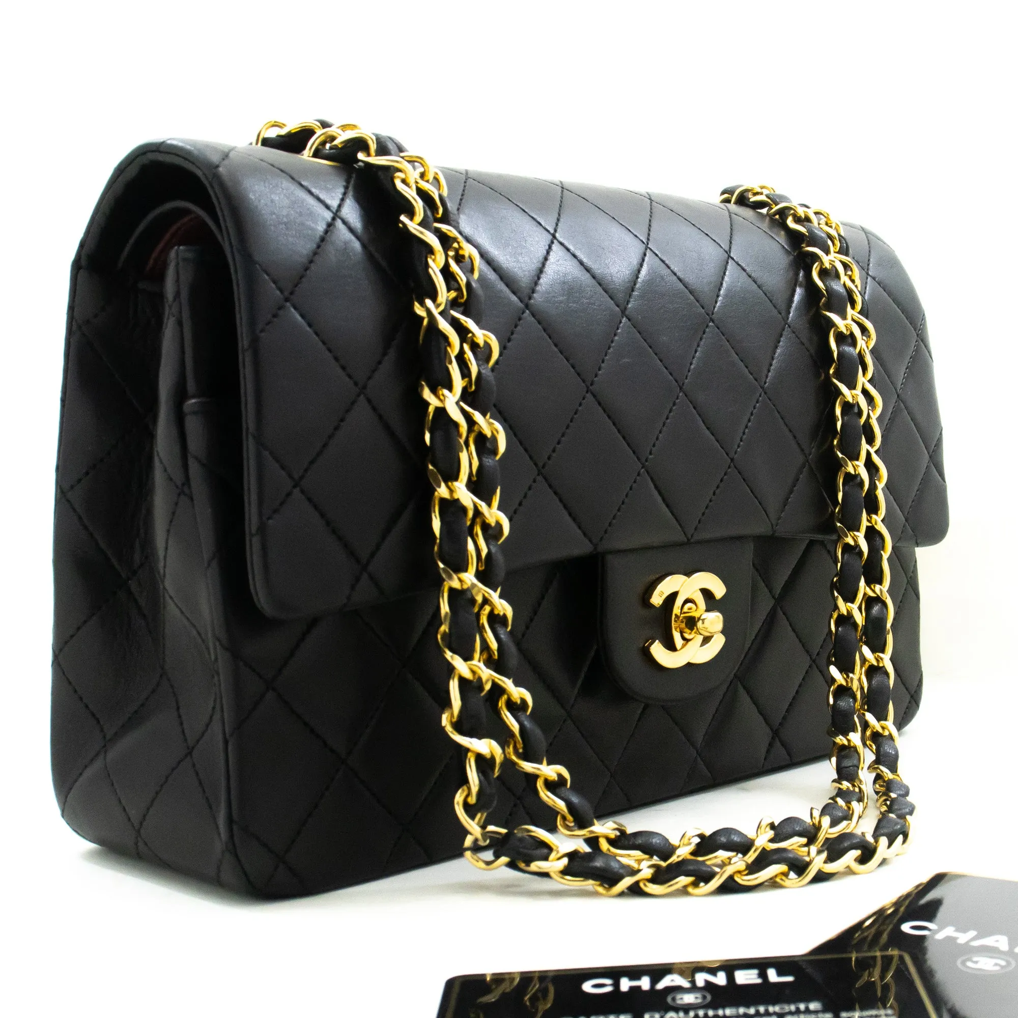CHANEL Classic Double Flap 10" Chain Shoulder Bag Black Lambskin n72