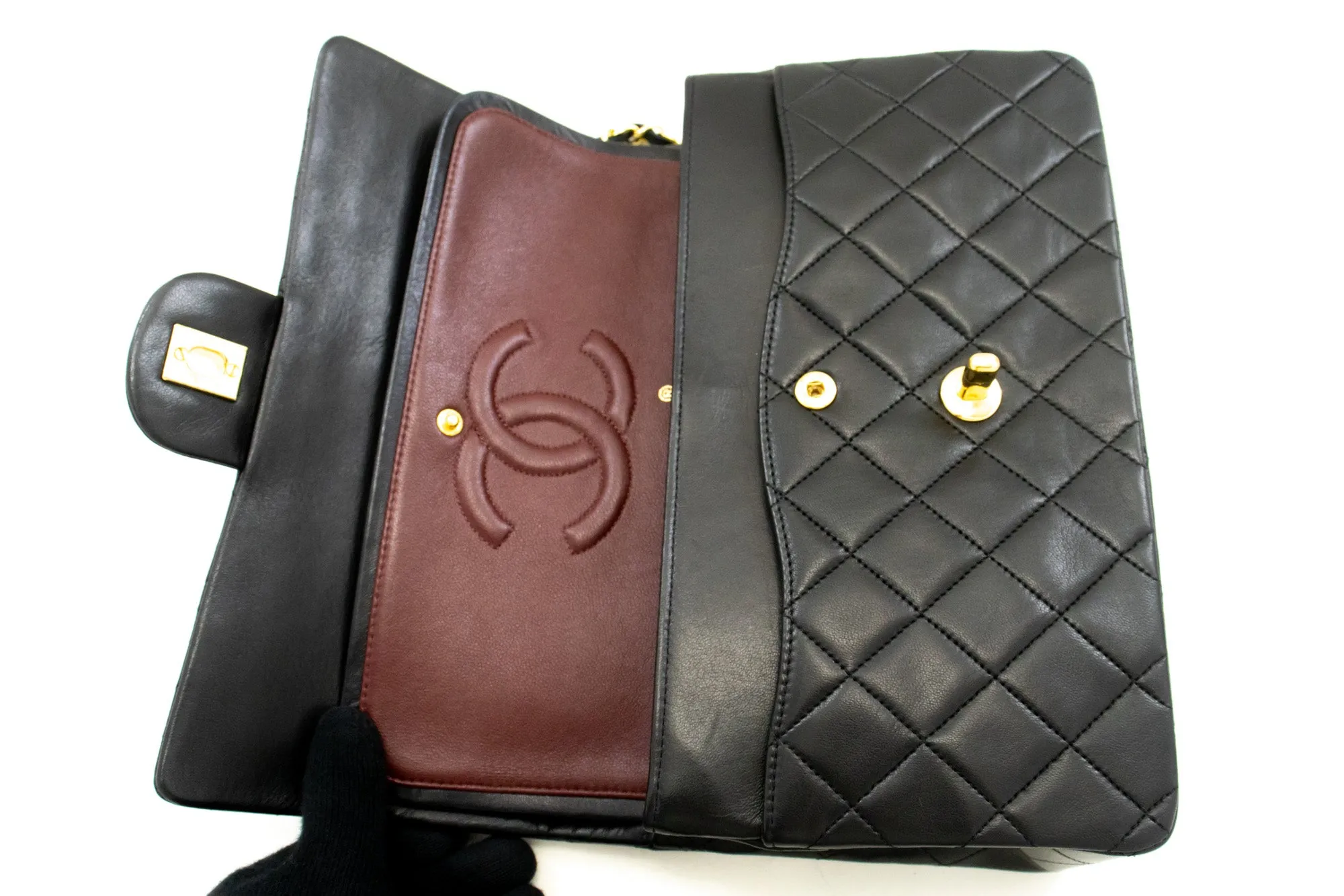 CHANEL Classic Double Flap 10" Chain Shoulder Bag Black Lambskin n72