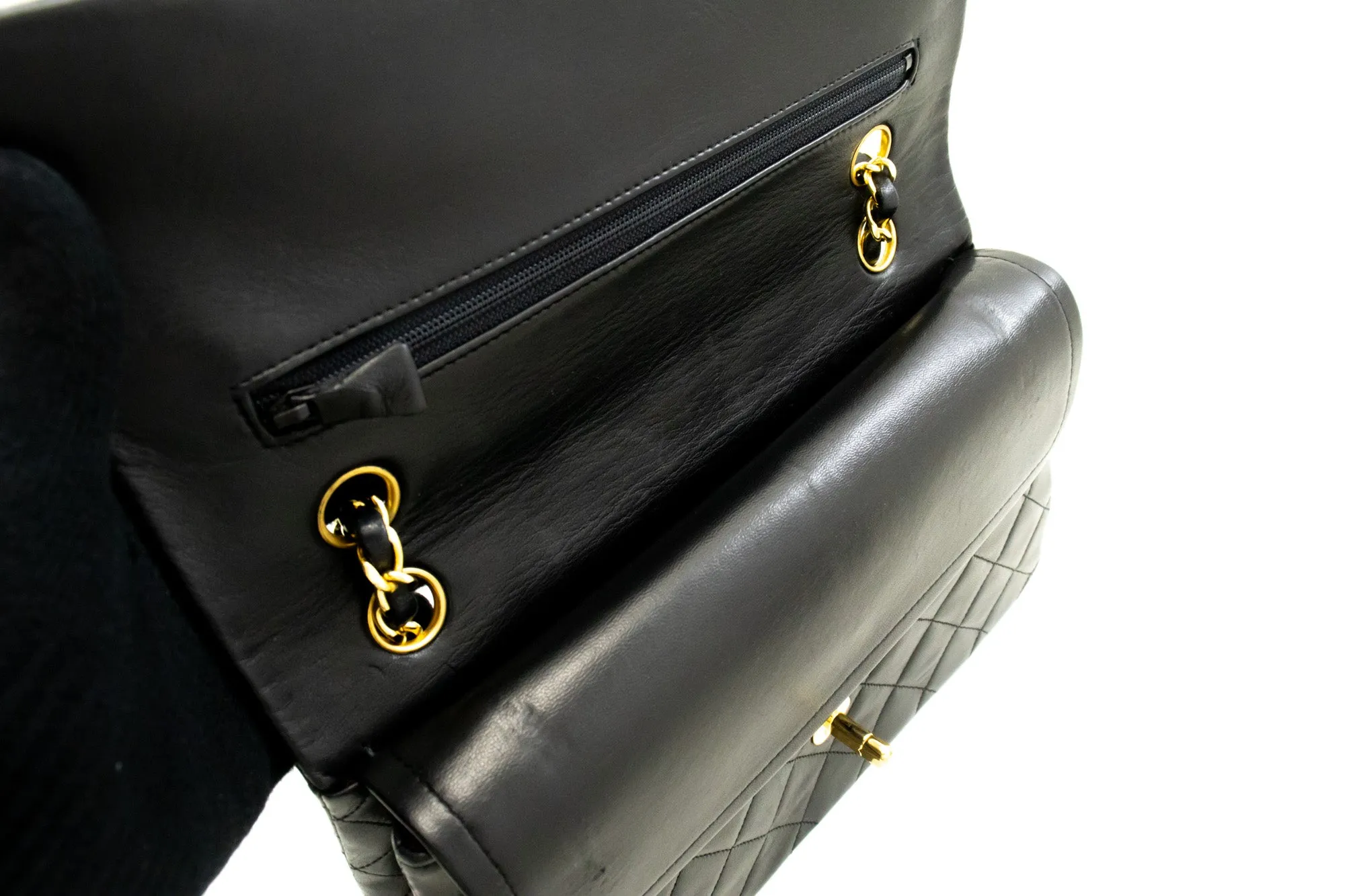 CHANEL Classic Double Flap 10" Chain Shoulder Bag Black Lambskin n72
