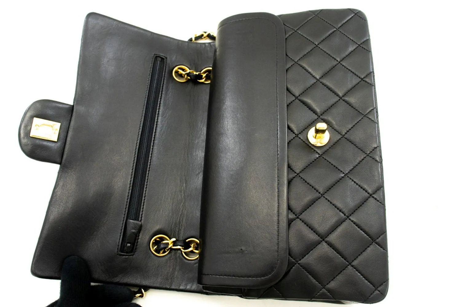 CHANEL Classic Double Flap 10" Chain Shoulder Bag Black Lambskin n72
