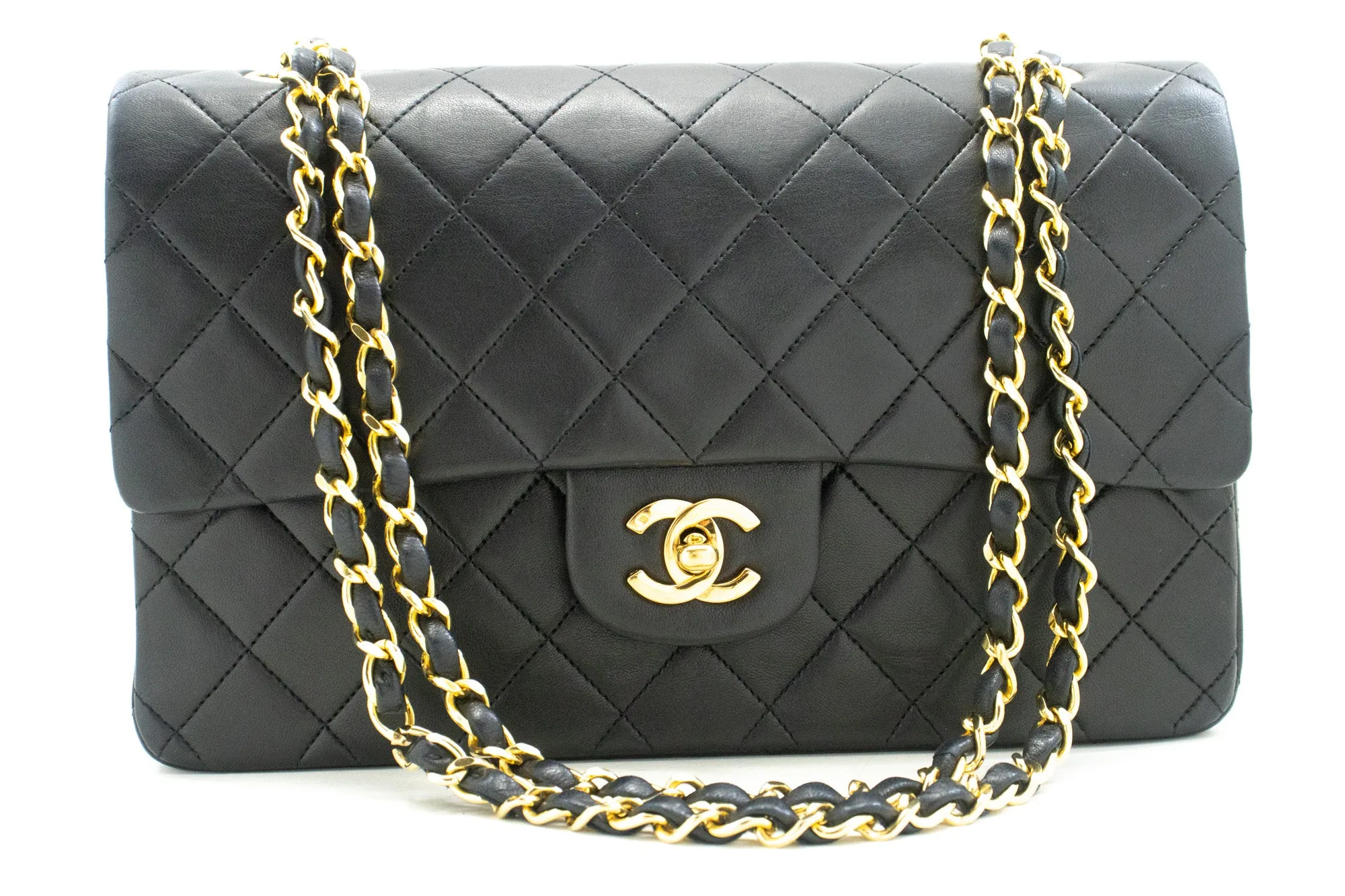 CHANEL Classic Double Flap 10" Chain Shoulder Bag Black Lambskin n72