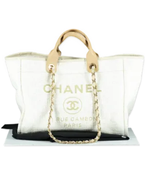 Chanel Cream Ivory Large Tweed Deauville Tote Bag