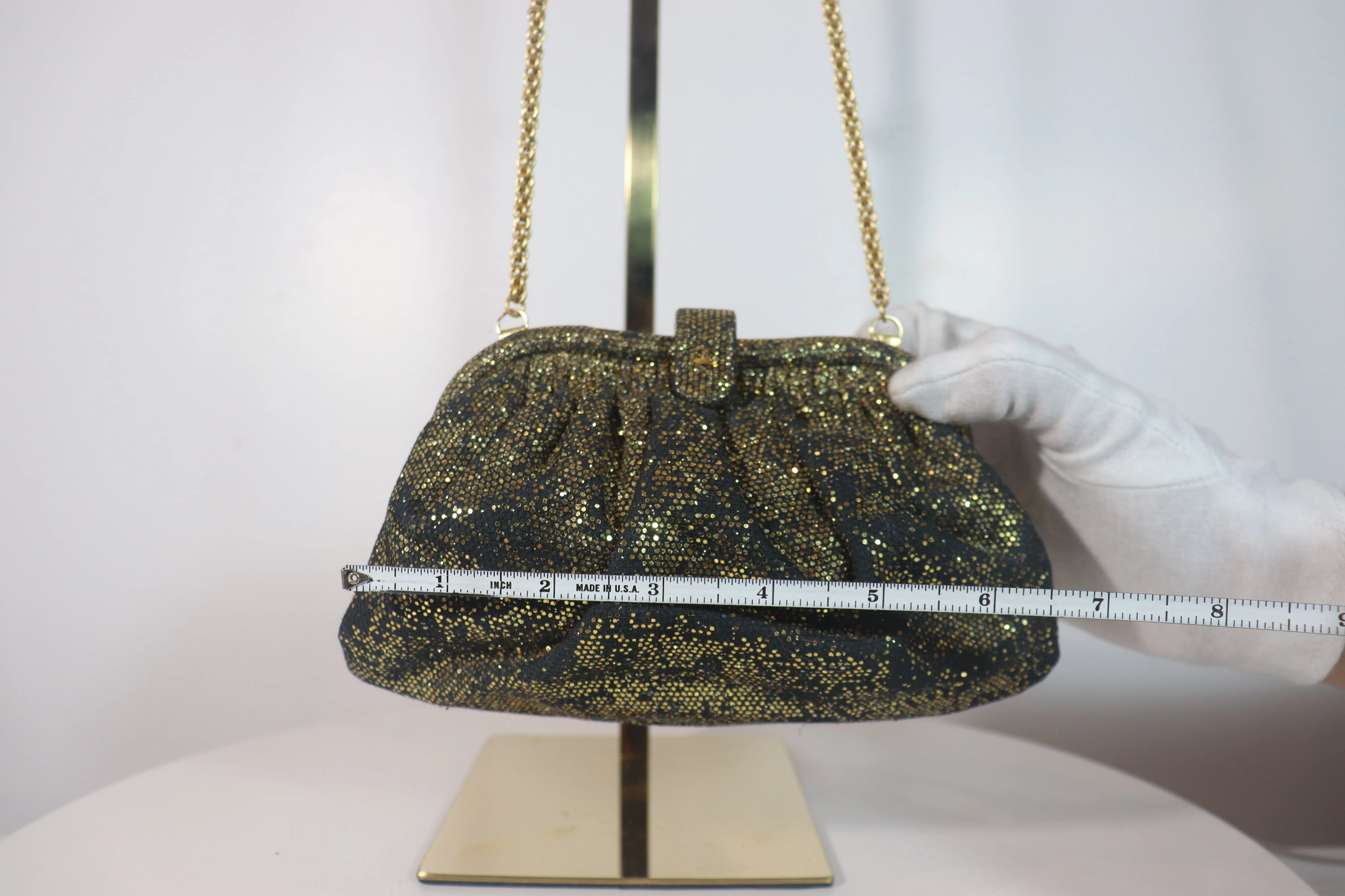 CHANEL Vintage Gold Black Glitter Evening Bag with Chain Strap