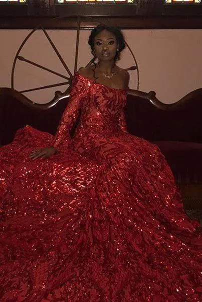 Charming Mermaid Off-the-Shoulder Long Sleevess Prom Dresses Sequins Party Gowns