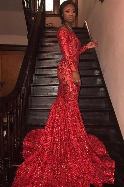 Charming Mermaid Off-the-Shoulder Long Sleevess Prom Dresses Sequins Party Gowns