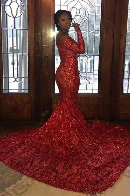 Charming Mermaid Off-the-Shoulder Long Sleevess Prom Dresses Sequins Party Gowns