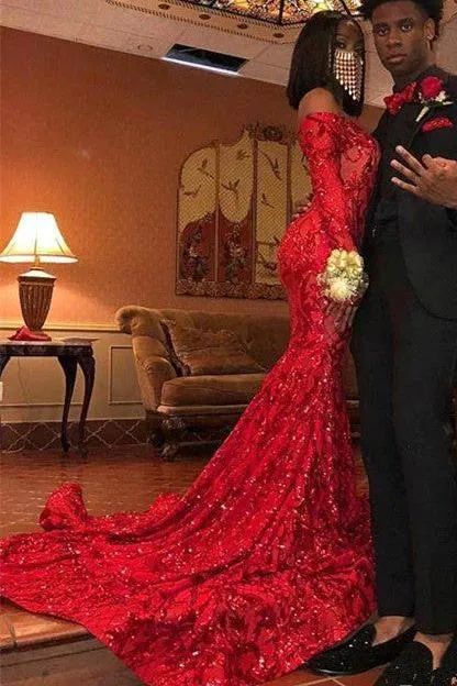 Charming Mermaid Off-the-Shoulder Long Sleevess Prom Dresses Sequins Party Gowns