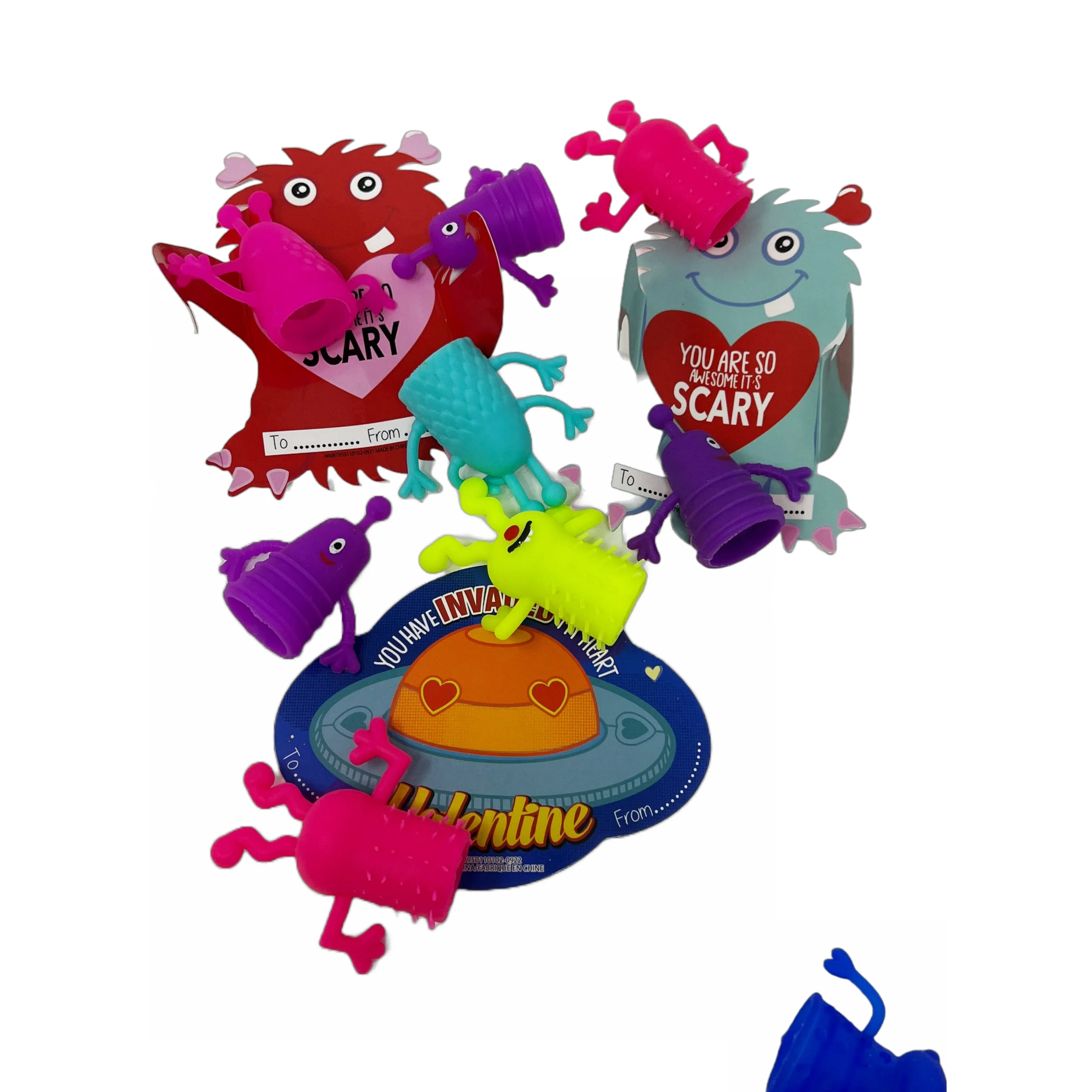 Cheep N Cheerful Valentine Kiddie Card Mailbox Bucket with 16ct Finger Monsters and Cards, Valentine Day Party Favors and Cards, Valentine Toys