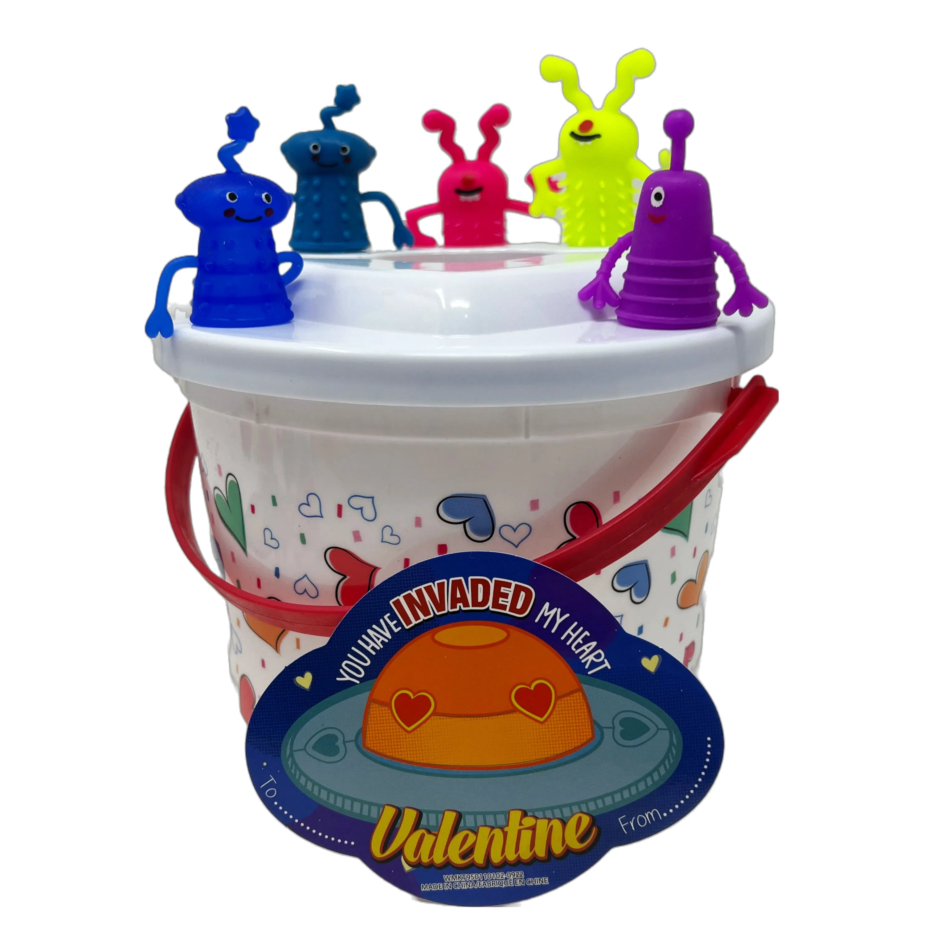 Cheep N Cheerful Valentine Kiddie Card Mailbox Bucket with 16ct Finger Monsters and Cards, Valentine Day Party Favors and Cards, Valentine Toys