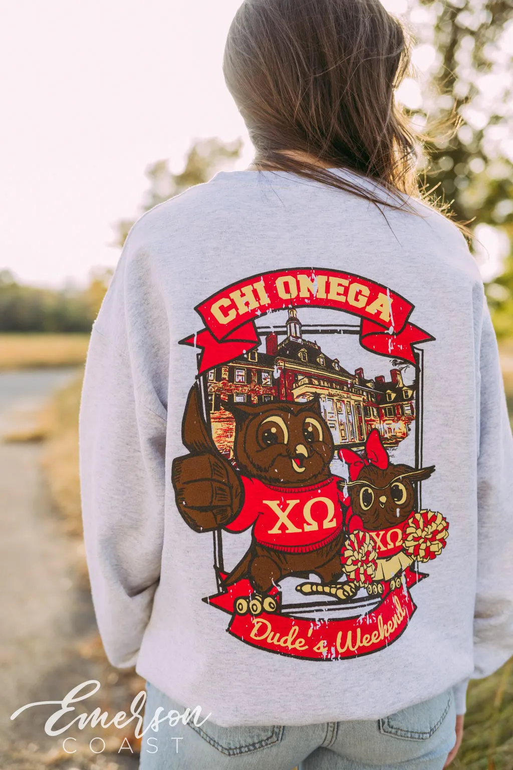 Chi Omega Spirit Owls Dude's Weekend Crewneck