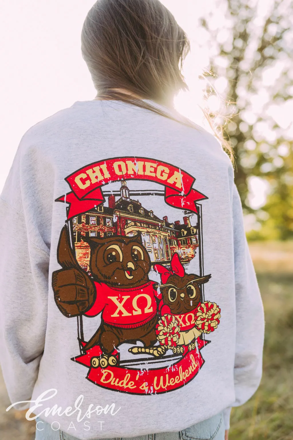 Chi Omega Spirit Owls Dude's Weekend Crewneck