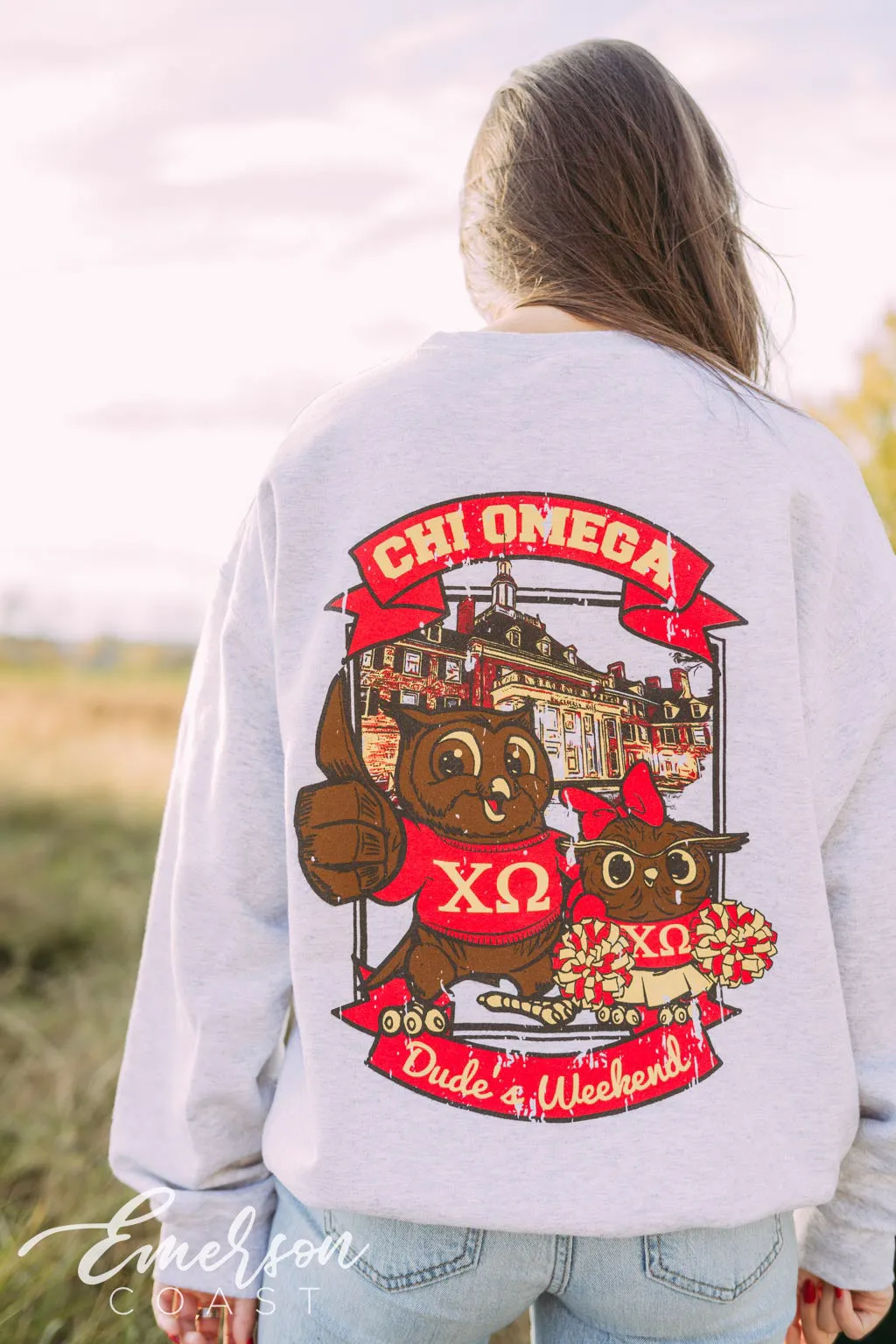 Chi Omega Spirit Owls Dude's Weekend Crewneck