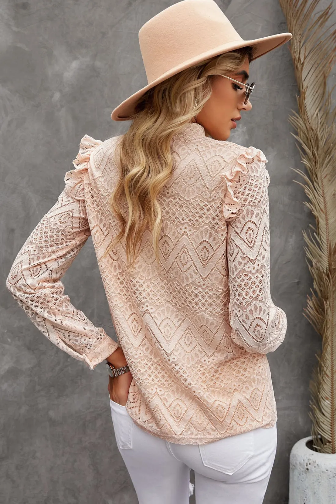 Chic Lace Ruffle-Shoulder Top in Blush Apricot