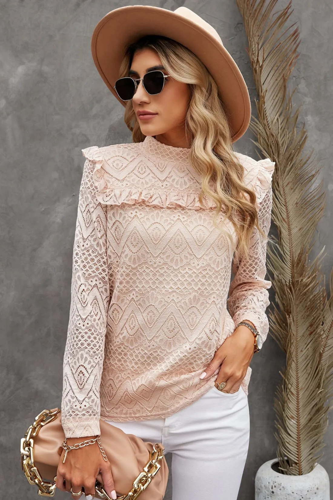 Chic Lace Ruffle-Shoulder Top in Blush Apricot
