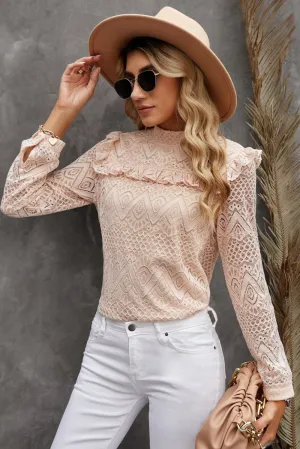 Chic Lace Ruffle-Shoulder Top in Blush Apricot
