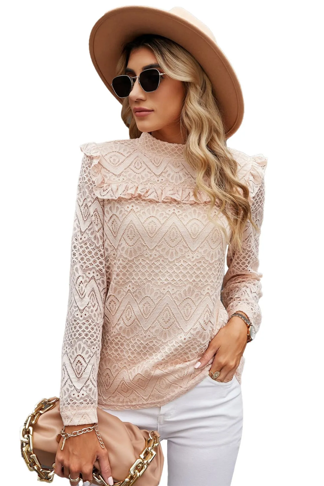 Chic Lace Ruffle-Shoulder Top in Blush Apricot