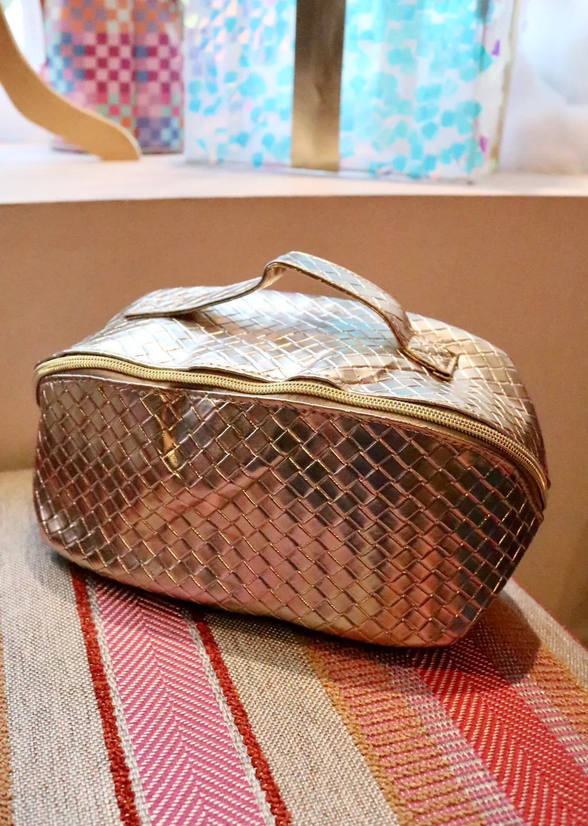 Chic Woven Cosmetic Bag | Gold