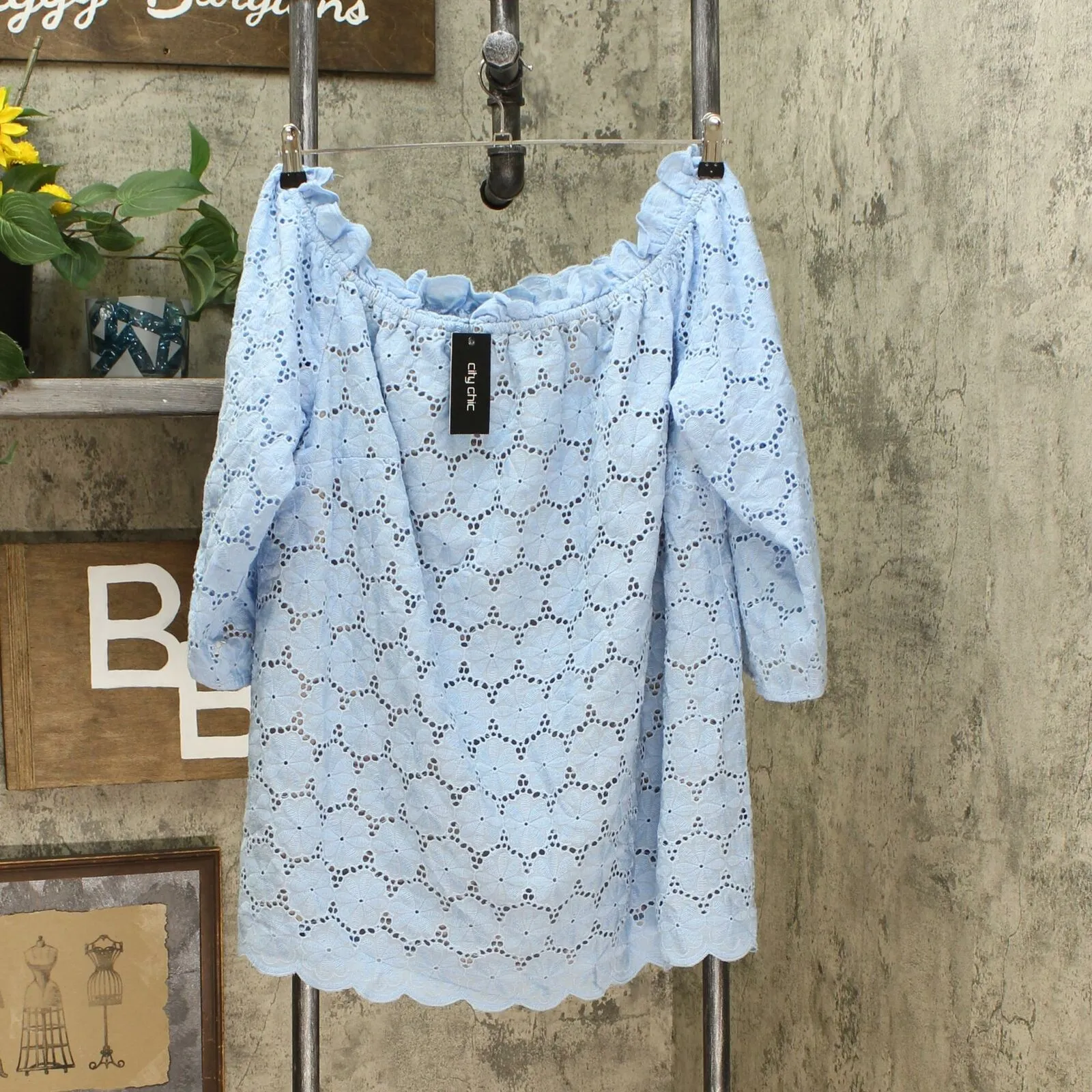 City Chic Trendy Plus Size Lace Off The Shoulder Lined Tunic Top