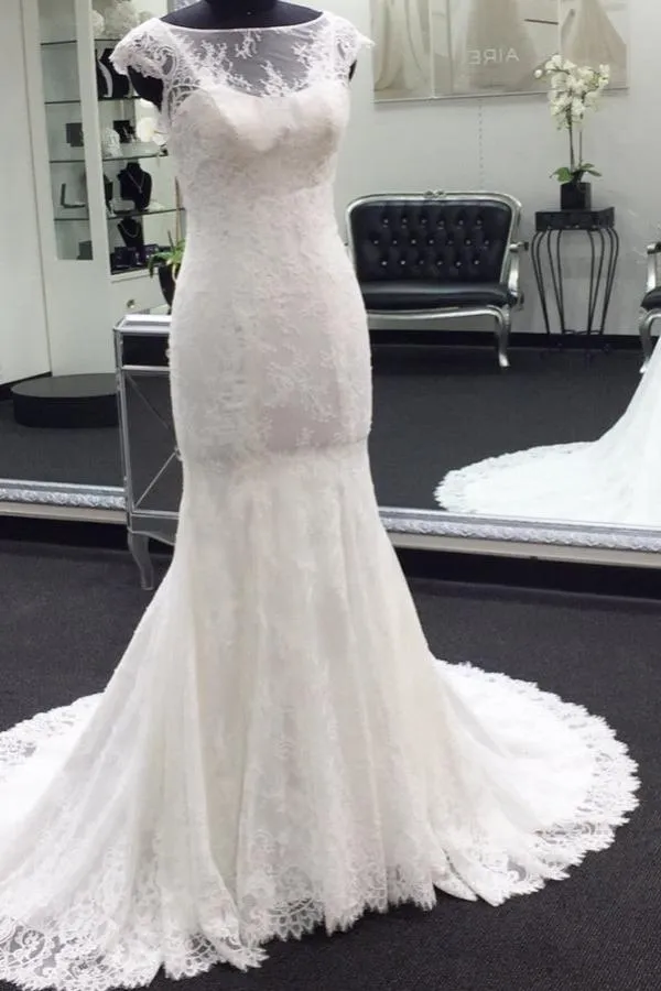Classic Cap Sleeves White Illusion neck Lace Mermaid Wedding Dress with Court Train