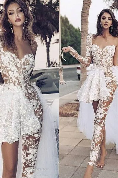 Classic Lace Jumpsuit Asymmetirc See through Overskirt White Wedding Dress