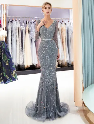 Classic Mother Of The Groom Dresses Grey Long Sleeve Luxury Beading V Neck Sash Formal Gowns With Train
