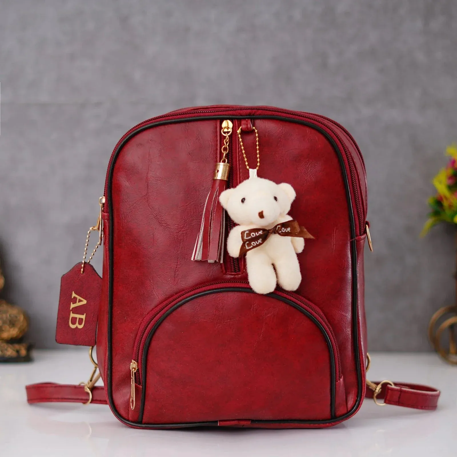 Classy Leather Customized Teddy Multipurpose Bag - Maroon