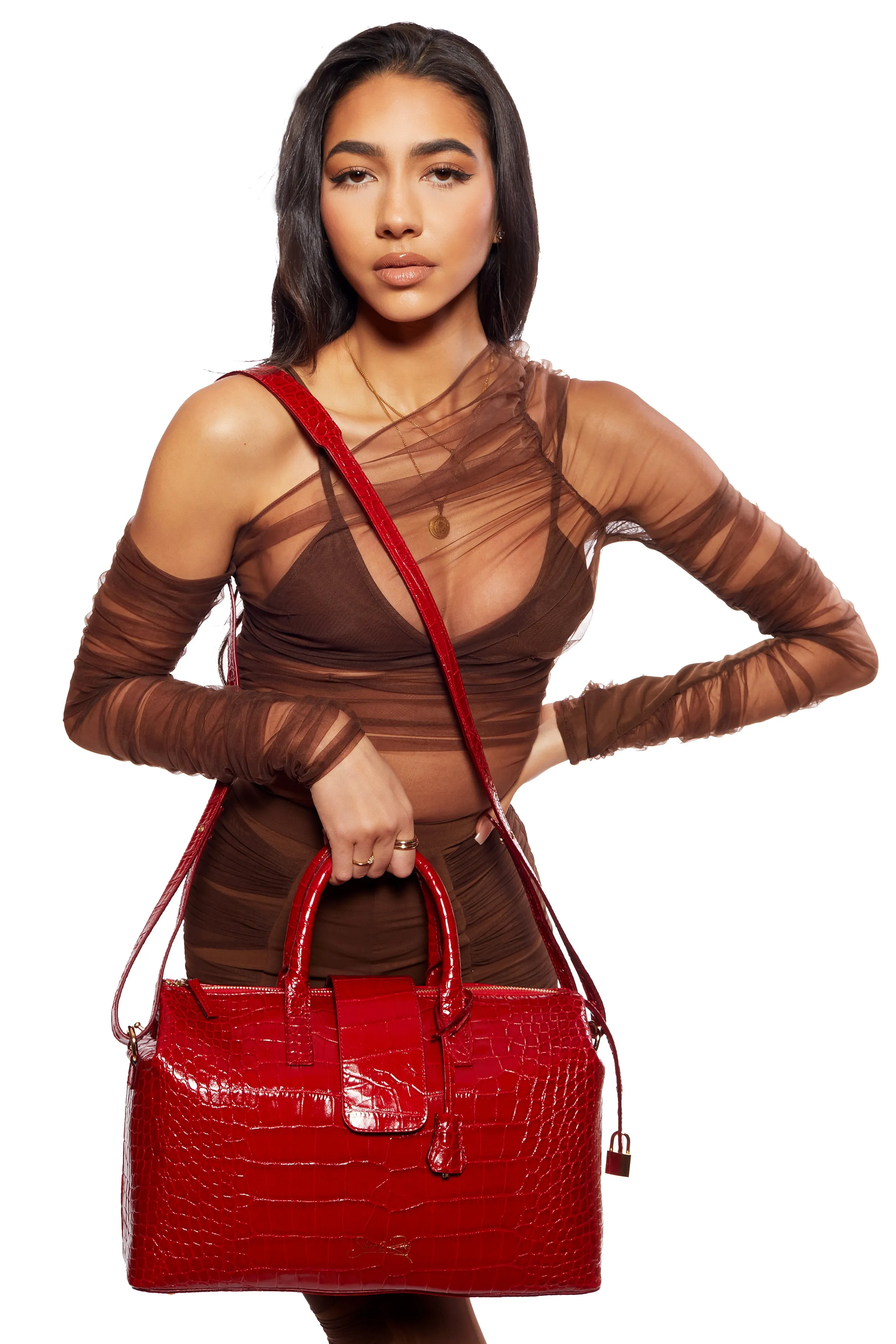 Convertible Executive Leather Bag in Crocodile Print Fiery Red - WAITLIST