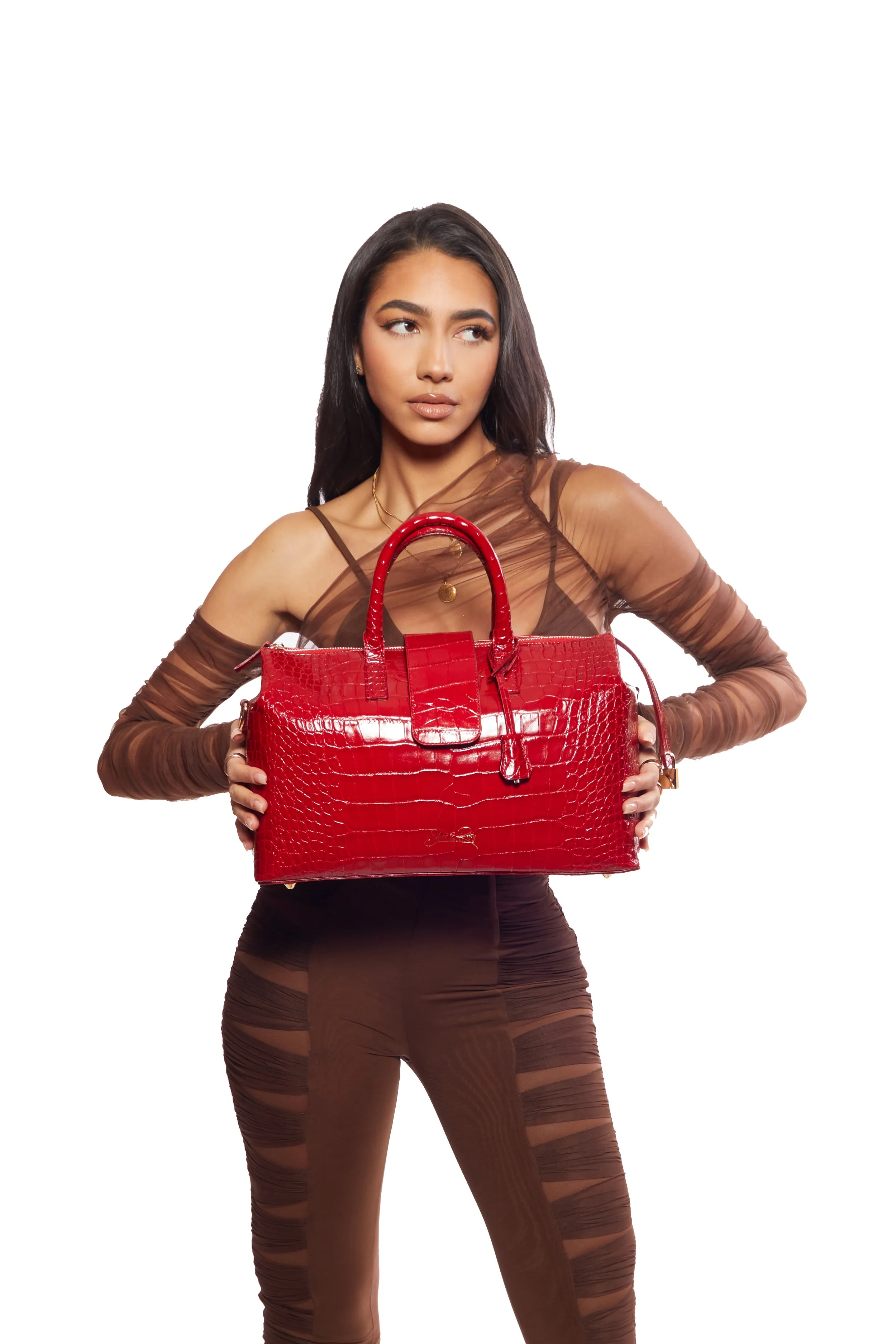 Convertible Executive Leather Bag in Crocodile Print Fiery Red - WAITLIST