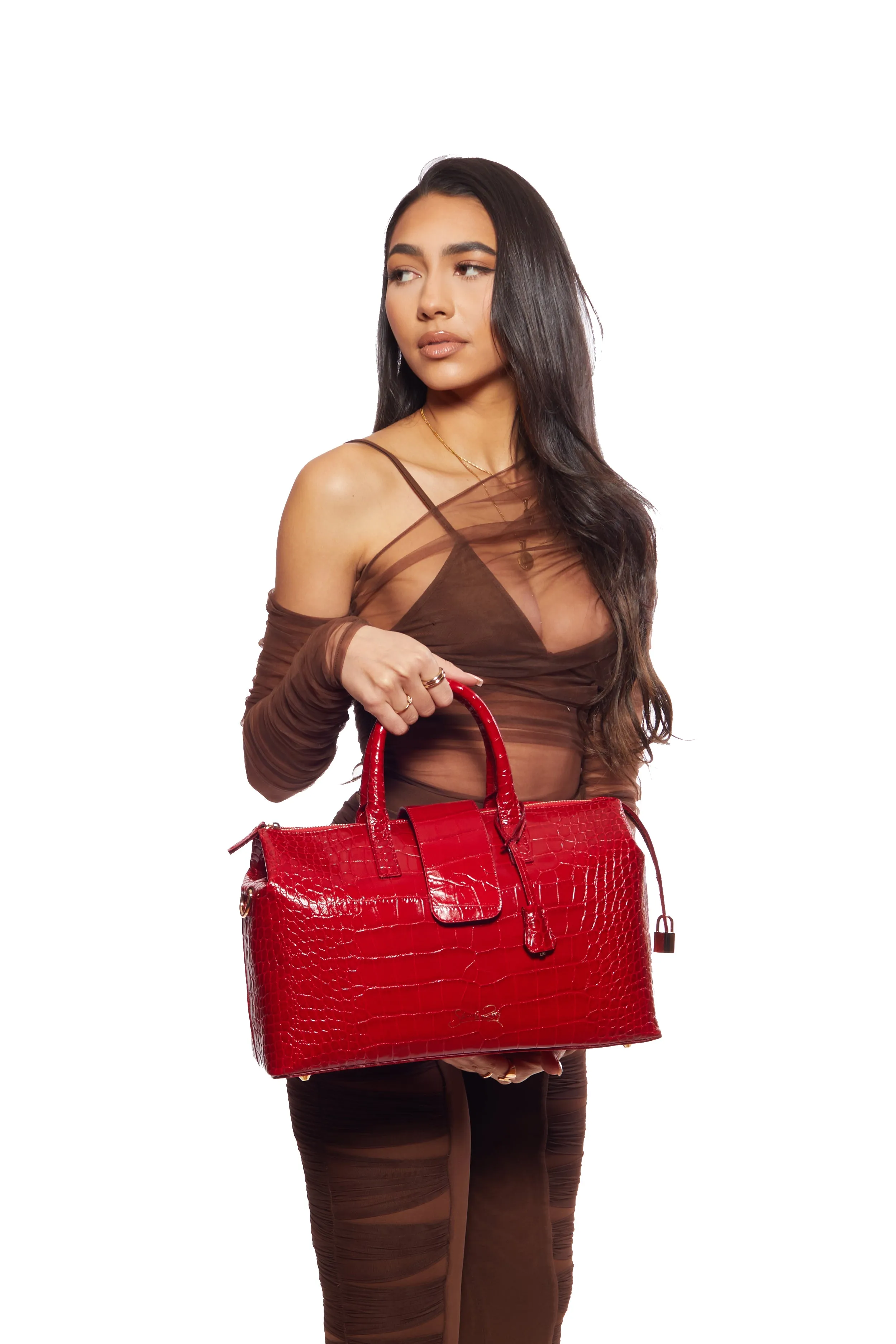 Convertible Executive Leather Bag in Crocodile Print Fiery Red - WAITLIST
