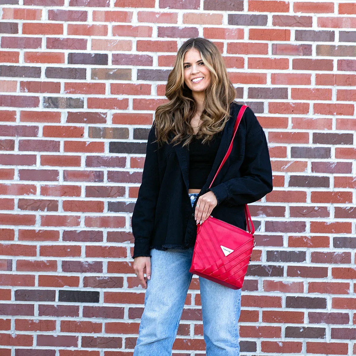 Criss-Cross Genuine Leather Lipstick Red Small Handbag