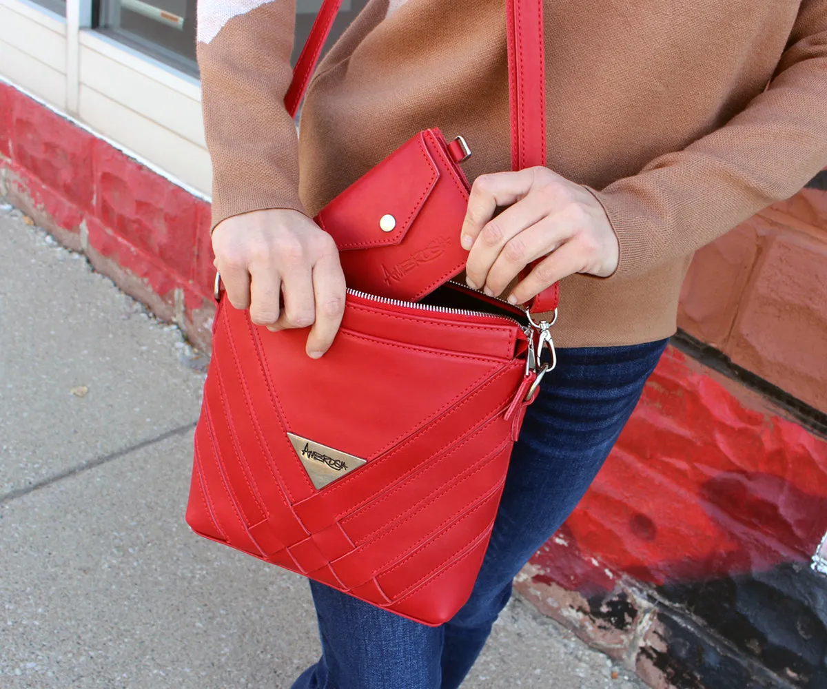 Criss-Cross Genuine Leather Lipstick Red Small Handbag