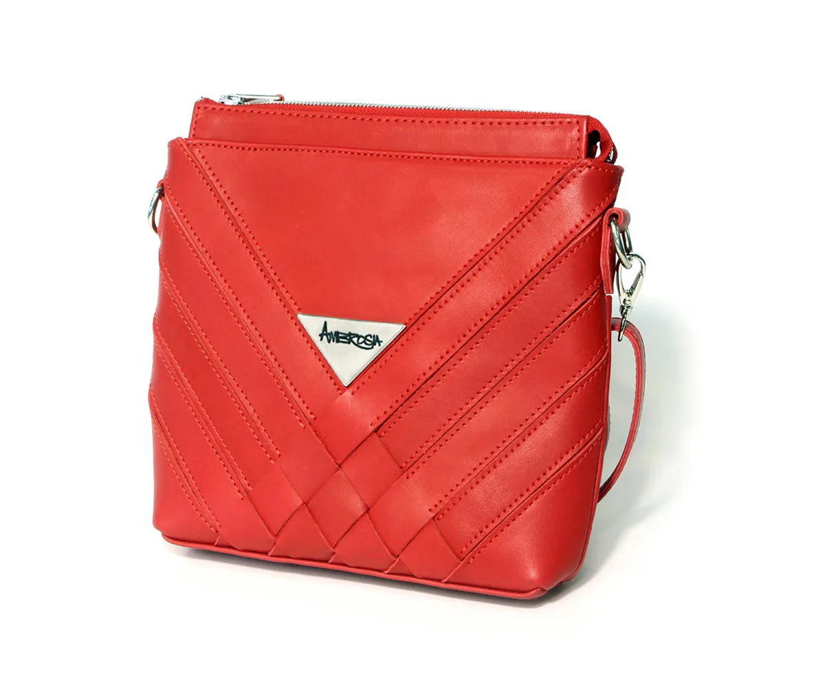 Criss-Cross Genuine Leather Lipstick Red Small Handbag