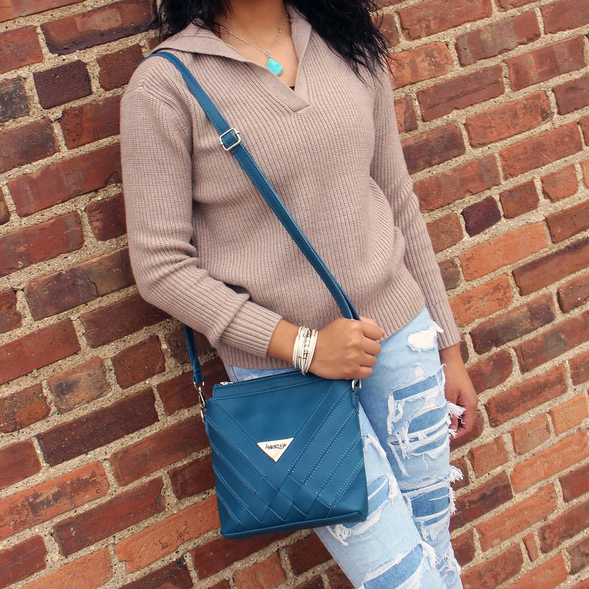 Criss-Cross Genuine Leather Prussian Blue Small Handbag