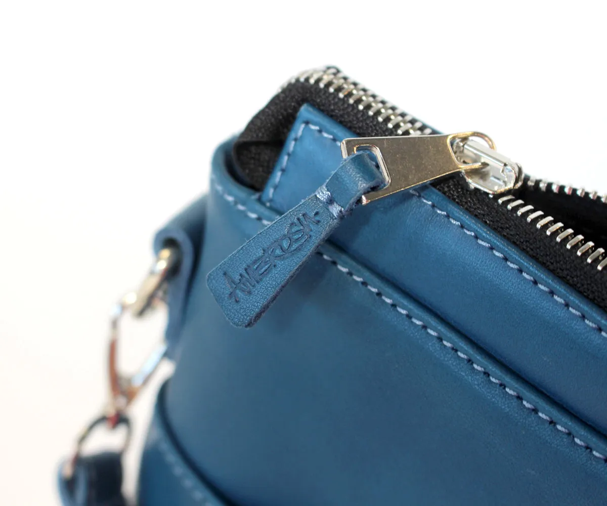 Criss-Cross Genuine Leather Prussian Blue Small Handbag