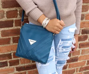 Criss-Cross Genuine Leather Prussian Blue Small Handbag